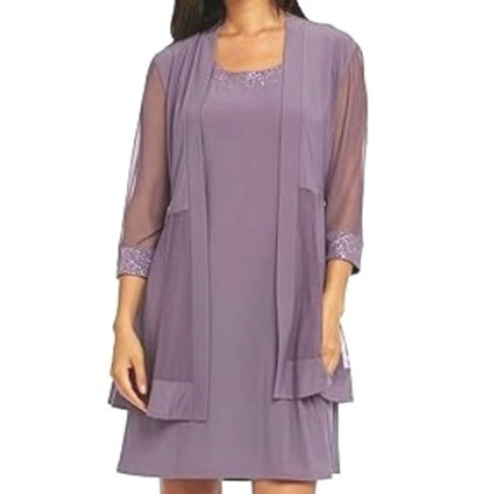 R & M COLLECTION Women's Large Lavender Dress and Sheer Jacket Set Beaded Formal